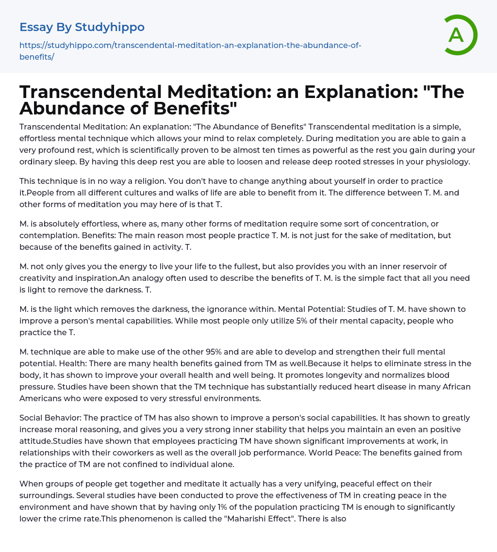 Transcendental Meditation: an Explanation: “The Abundance of Benefits” Essay Example