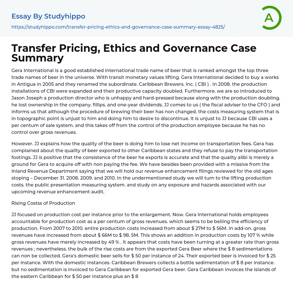 Transfer Pricing, Ethics and Governance Case Summary Essay Example