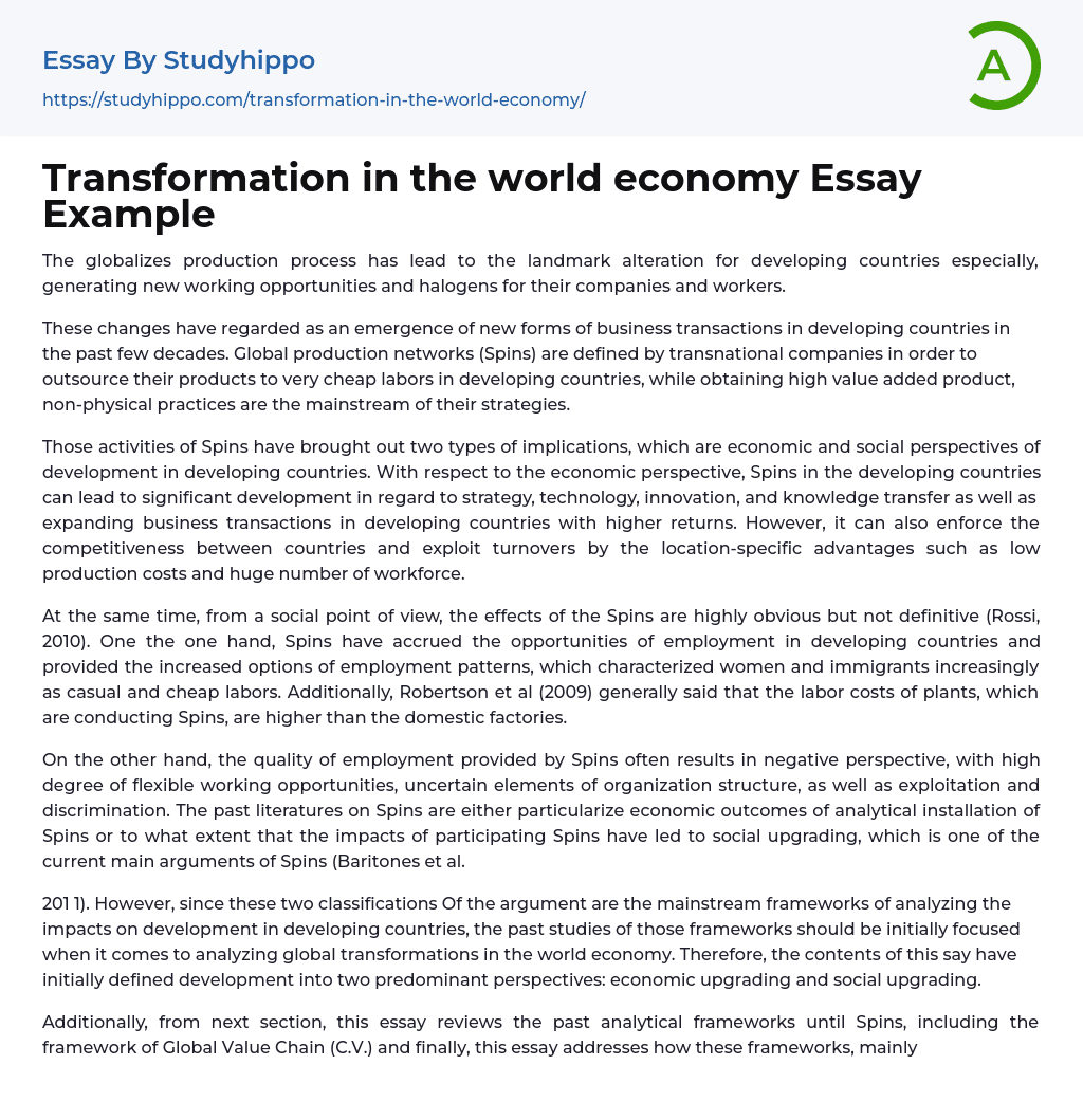 Transformation in the world economy Essay Example