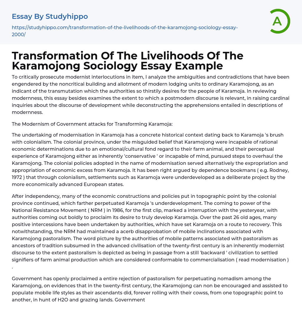 Transformation Of The Livelihoods Of The Karamojong Sociology Essay Example