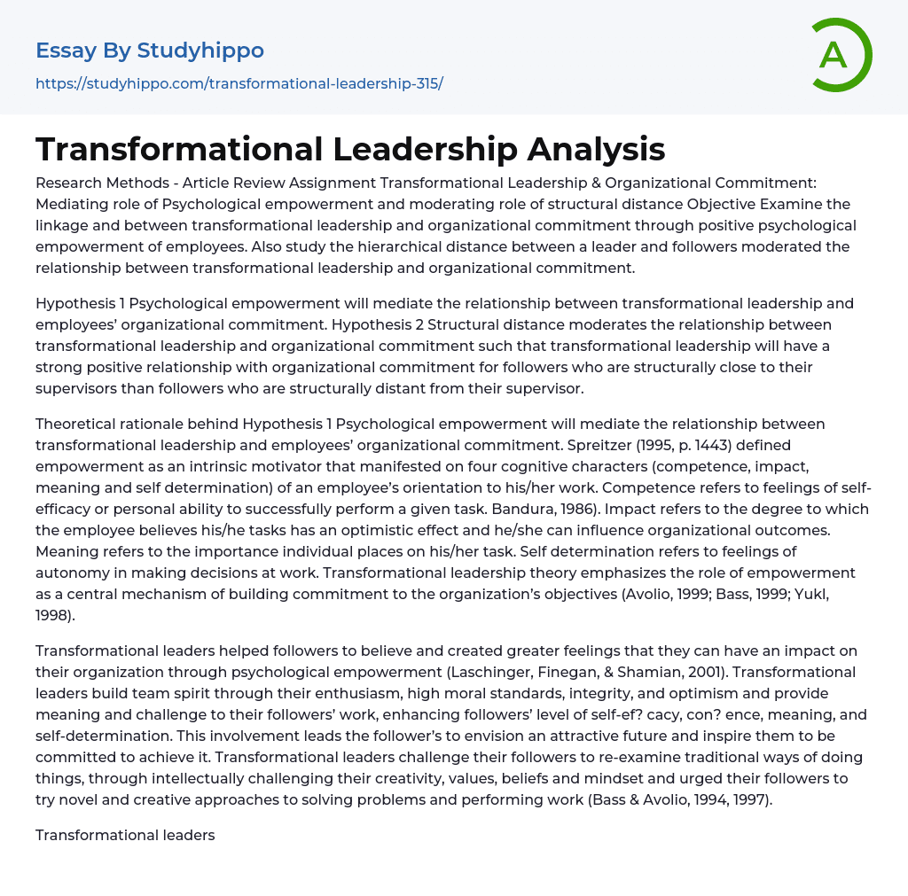 Transformational Leadership Analysis Essay Example