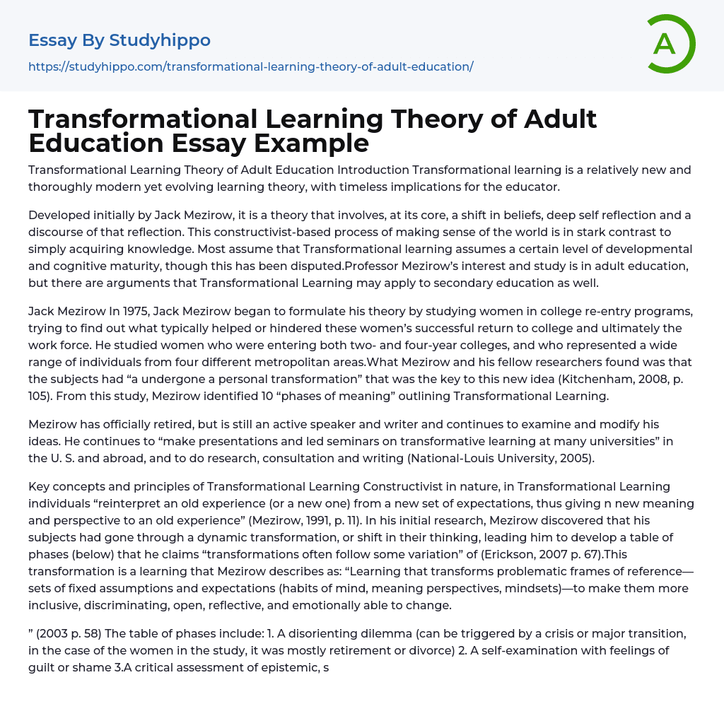 Transformational Learning Theory of Adult Education Essay Example