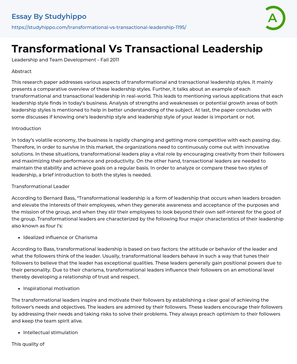 Transformational Vs Transactional Leadership Essay Example