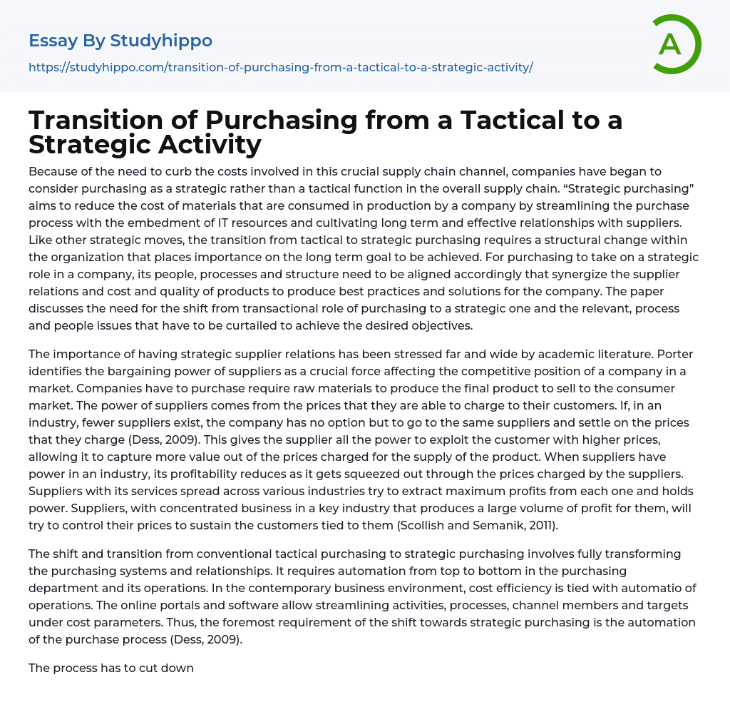 Transition of Purchasing from a Tactical to a Strategic Activity Essay Example