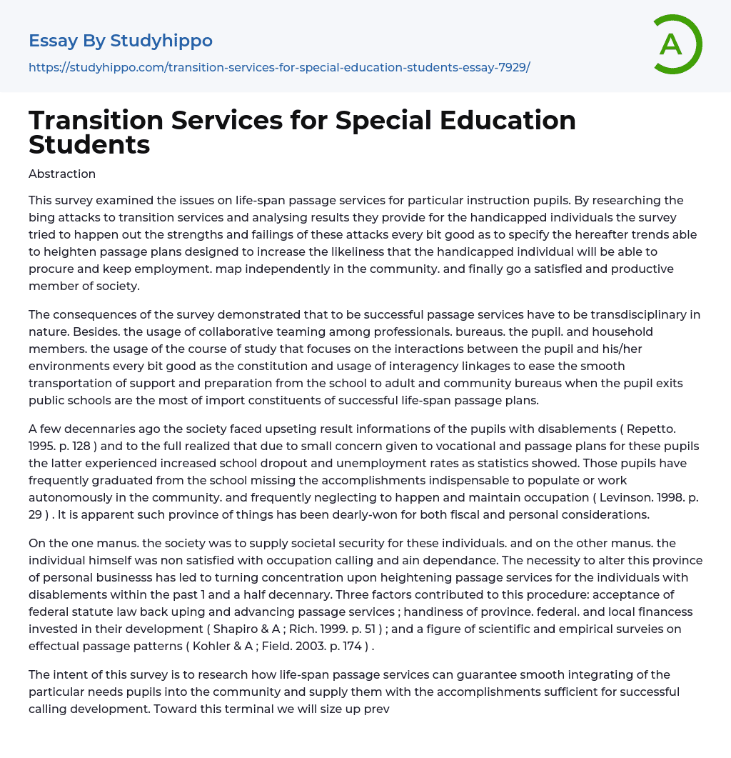 Transition Services for Special Education Students Essay Example