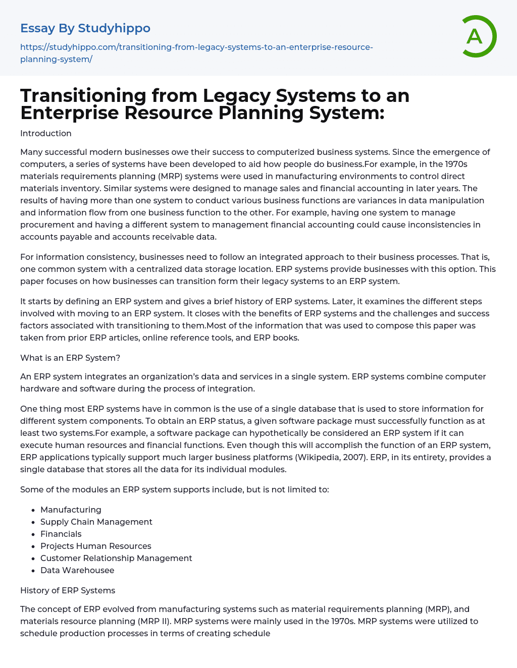 Transitioning from Legacy Systems to an Enterprise Resource Planning System: Essay Example
