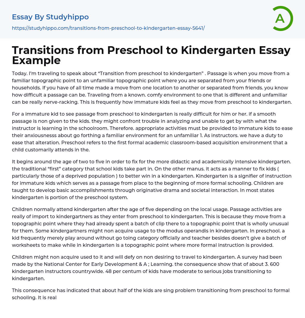 Transitions from Preschool to Kindergarten Essay Example