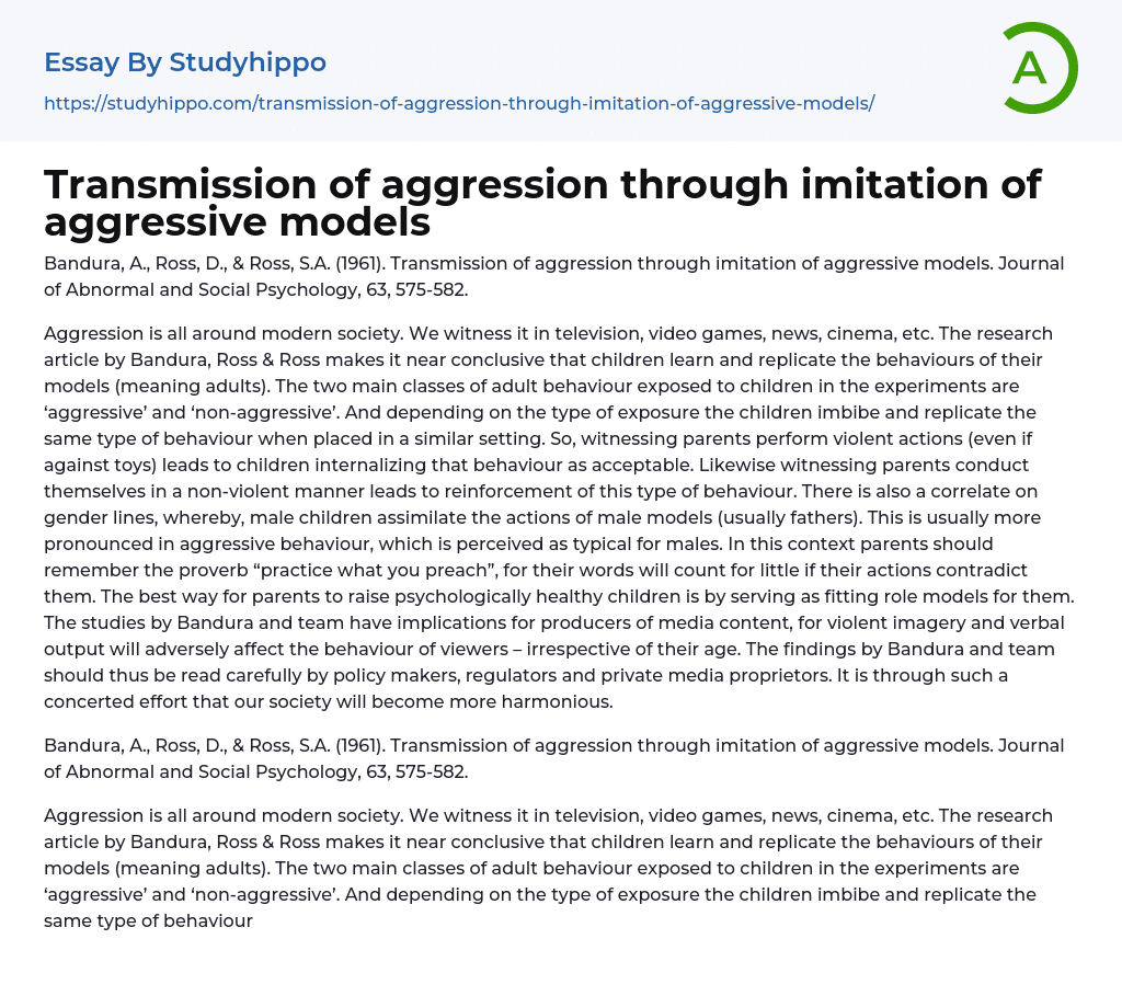 Transmission of aggression through imitation of aggressive models Essay Example