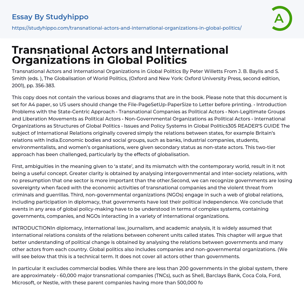 Transnational Actors and International Organizations in Global Politics Essay Example