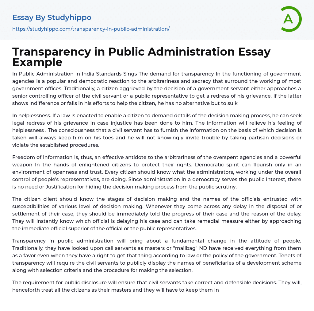Transparency in Public Administration Essay Example