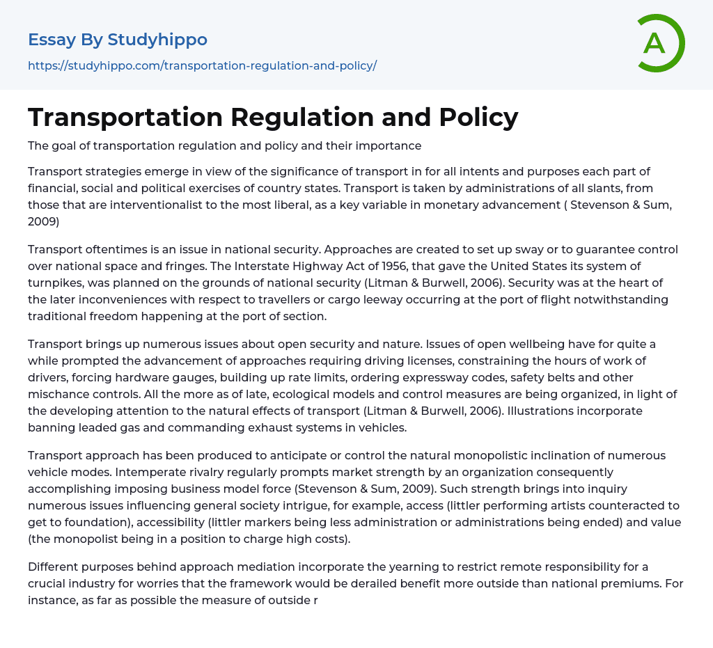 Transportation Regulation and Policy Essay Example