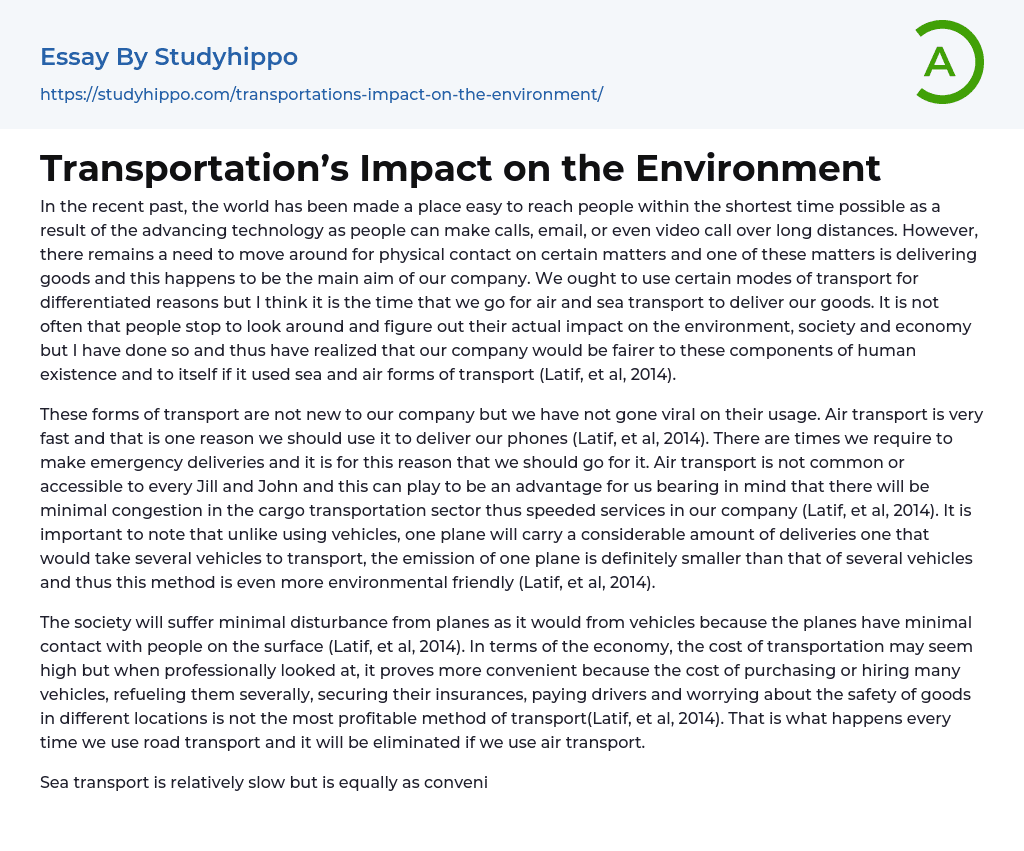 Transportation’s Impact on the Environment Essay Example