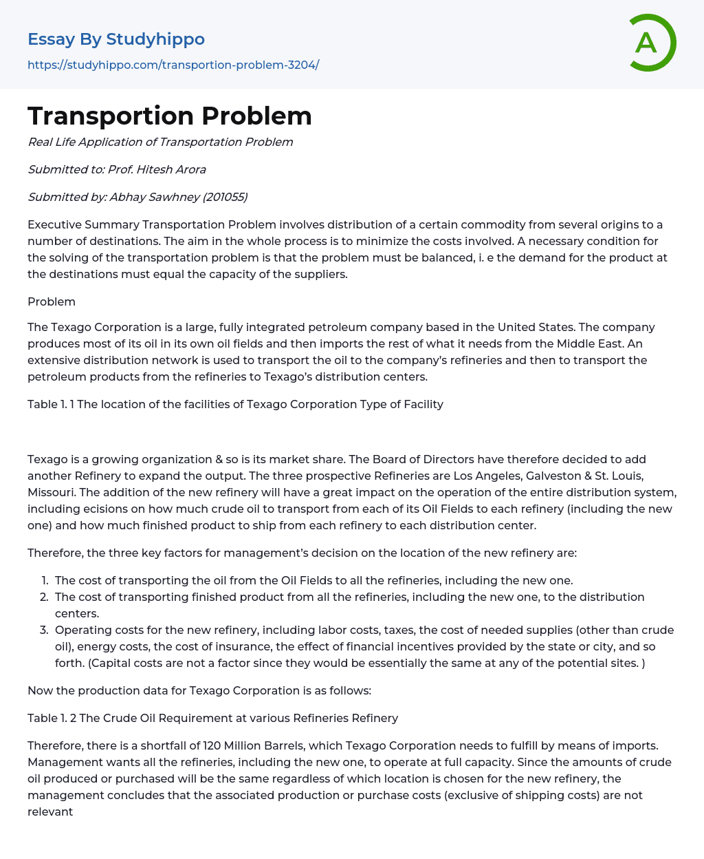 Transportion Problem Essay Example