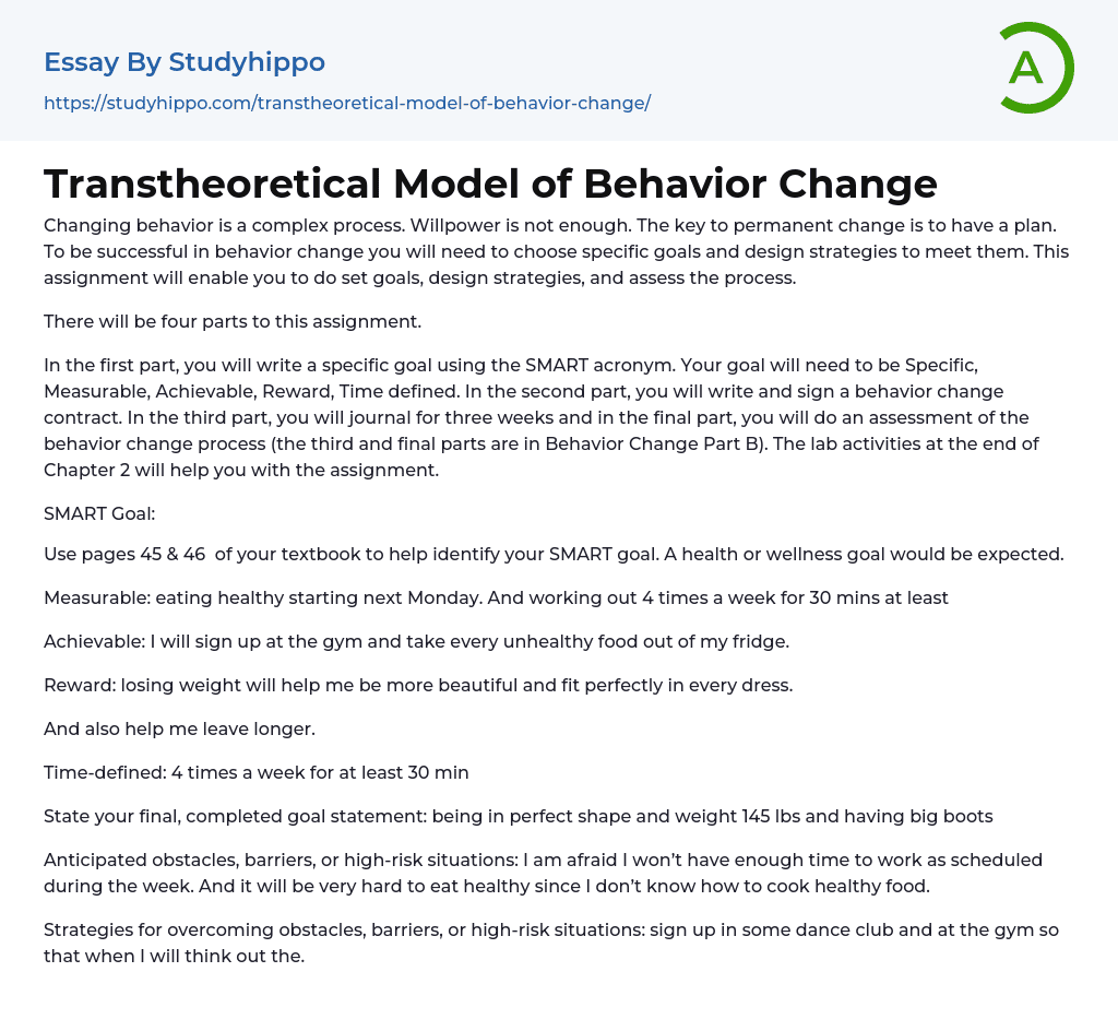 Transtheoretical Model of Behavior Change Essay Example