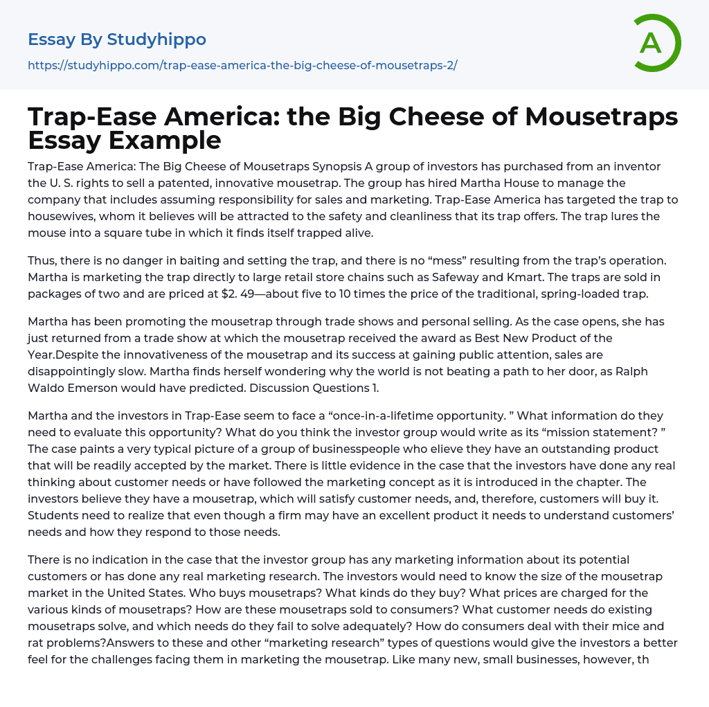 Trap-Ease America: the Big Cheese of Mousetraps Essay Example