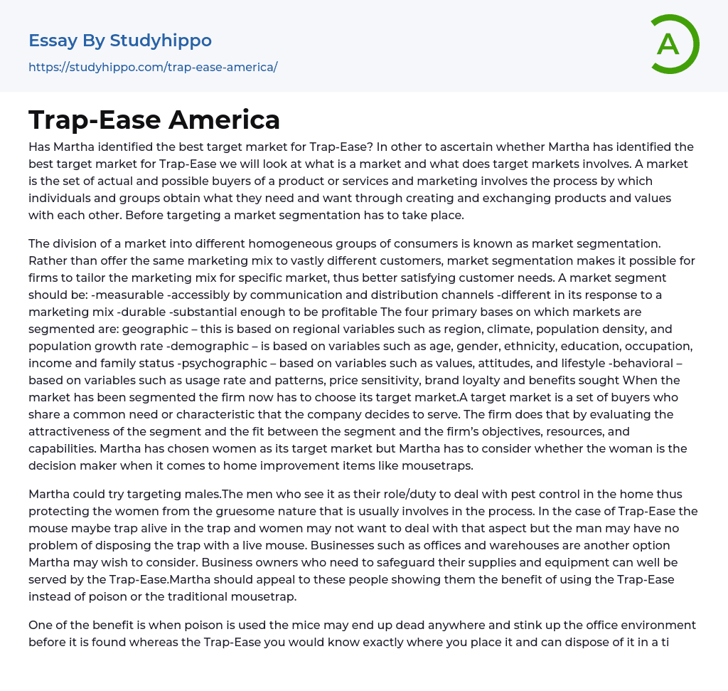 Trap-Ease America Essay Example