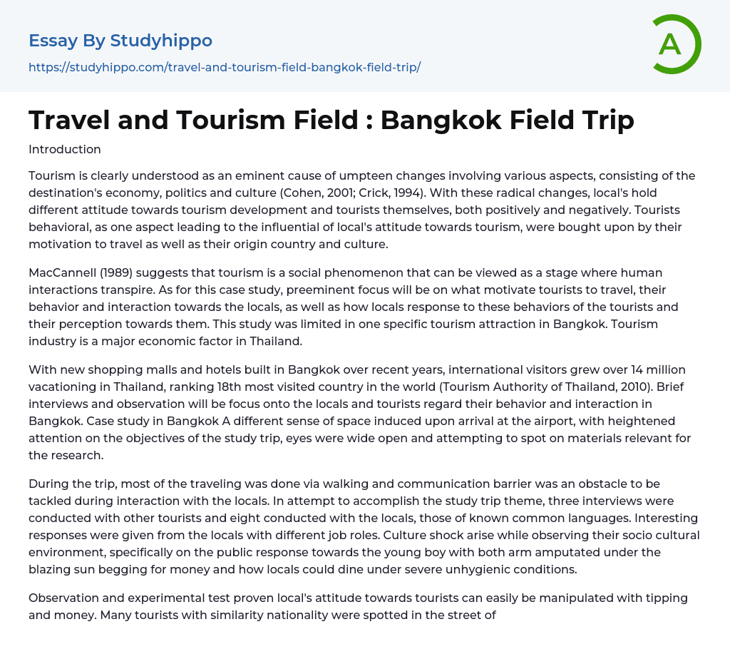 Travel and Tourism Field : Bangkok Field Trip Essay Example