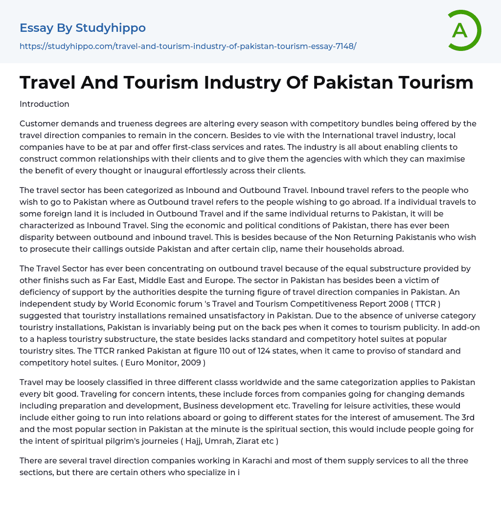 Travel And Tourism Industry Of Pakistan Tourism Essay Example