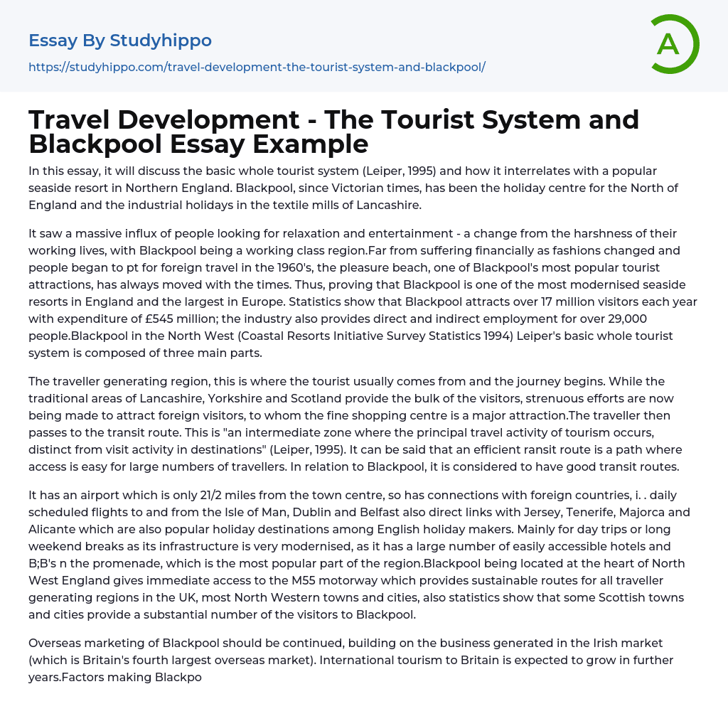 Travel Development – The Tourist System and Blackpool Essay Example