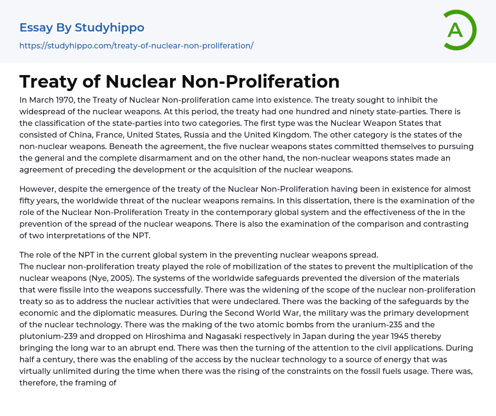 Treaty of Nuclear Non-Proliferation Essay Example