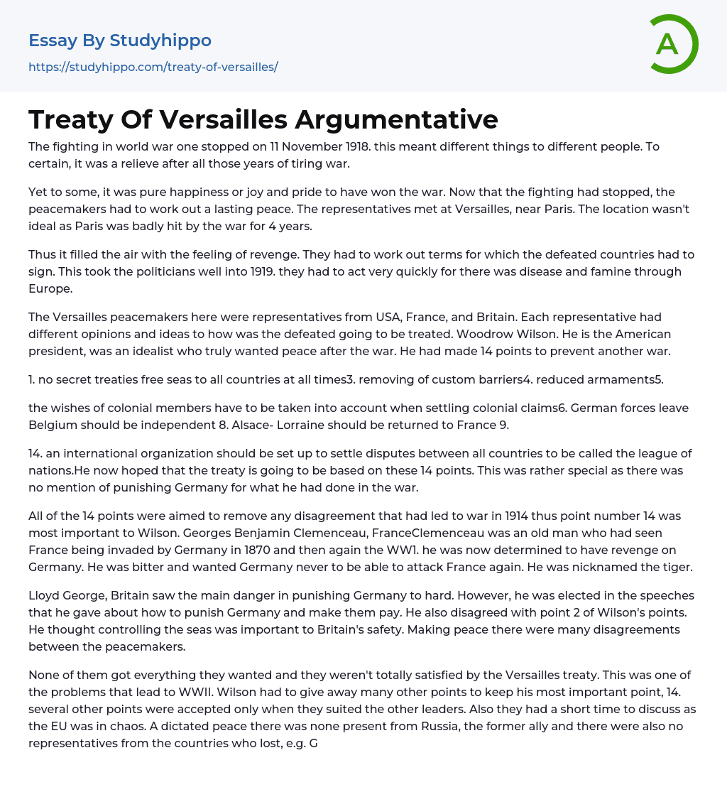Treaty Of Versailles Argumentative Essay Example