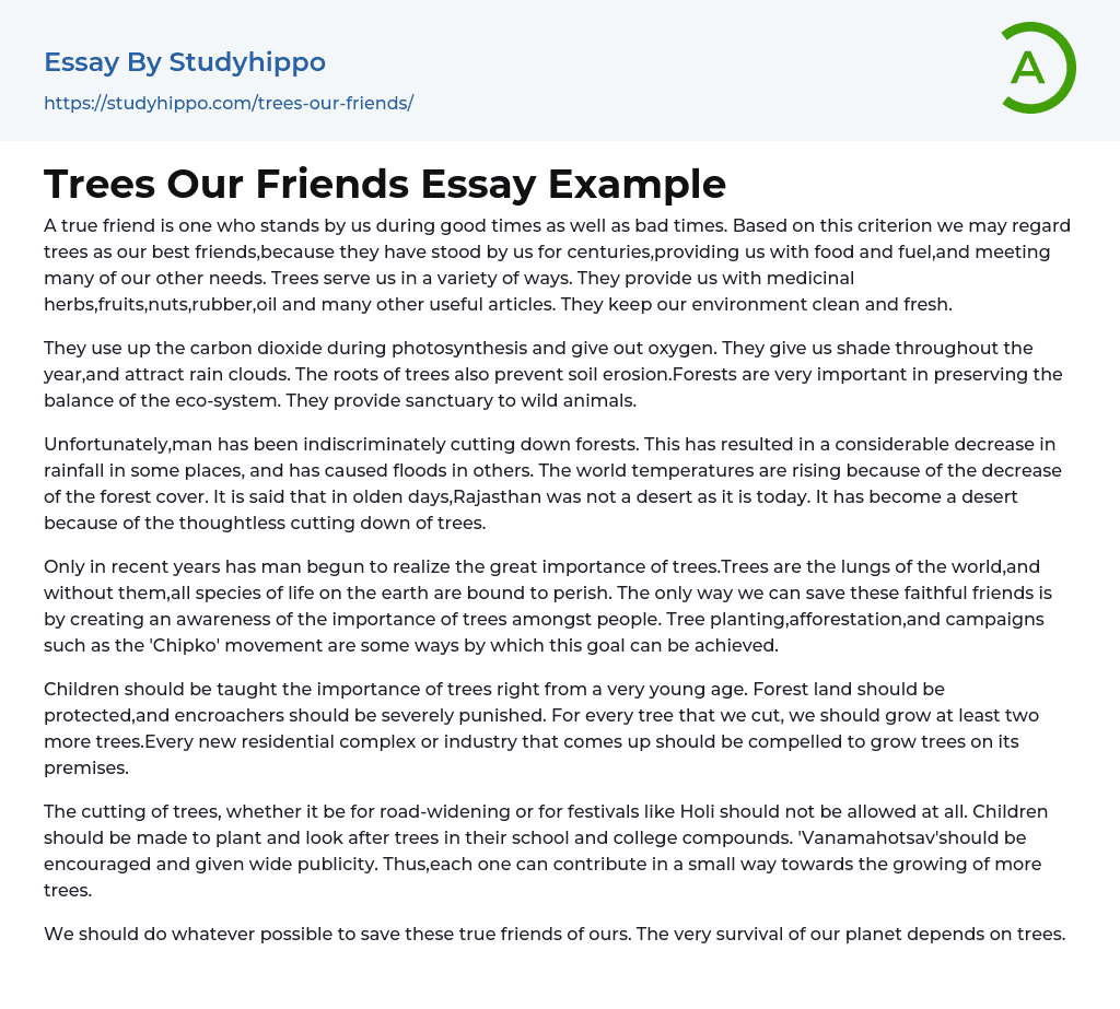 Trees Our Friends Essay Example