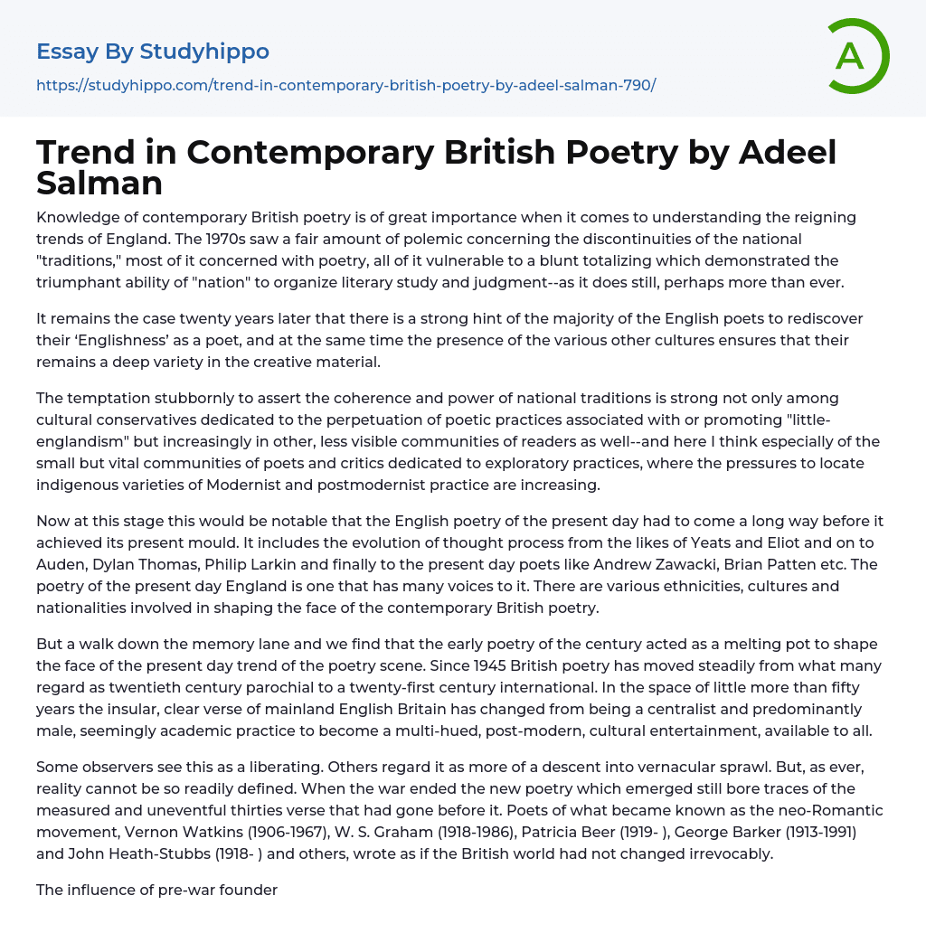 Trend in Contemporary British Poetry by Adeel Salman Essay Example
