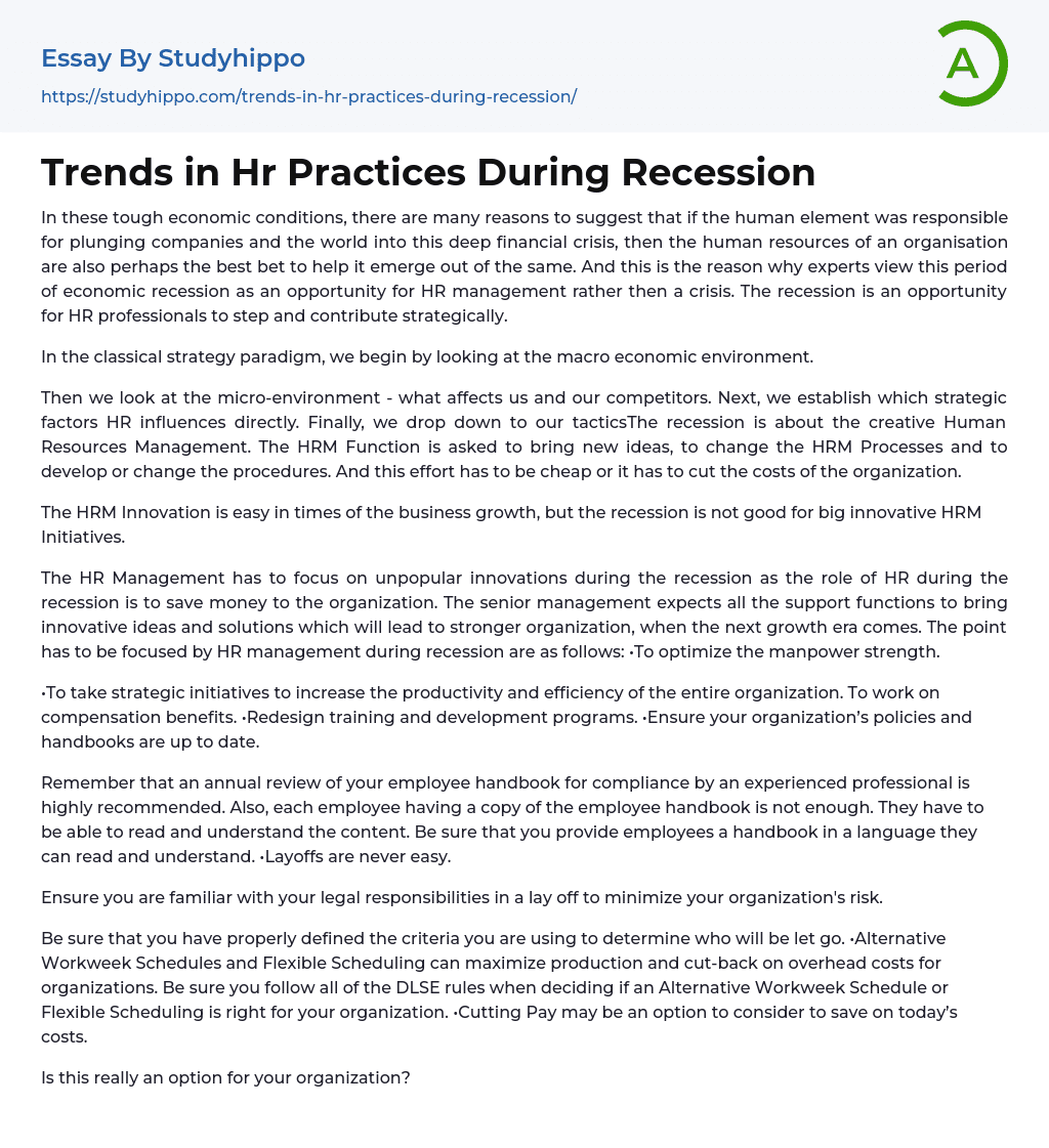 Trends in Hr Practices During Recession Essay Example