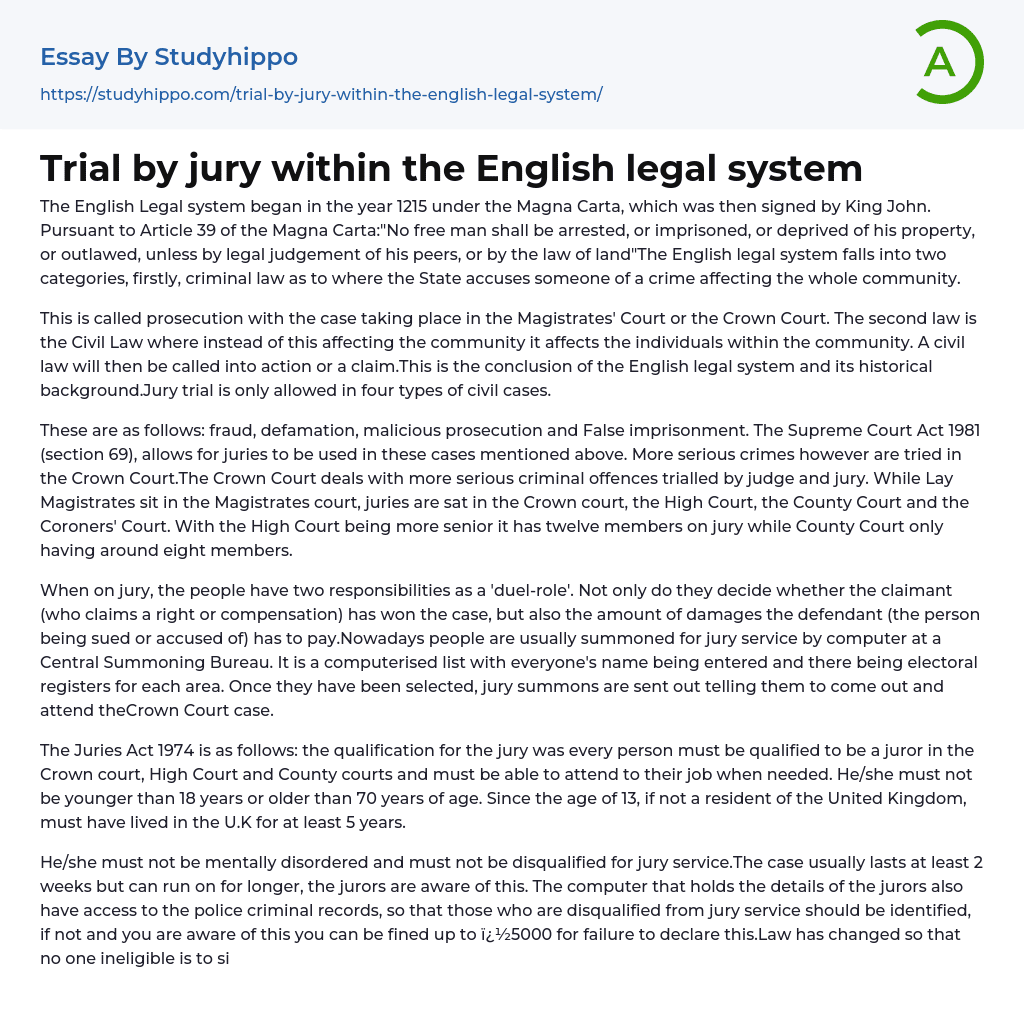 Trial by jury within the English legal system Essay Example