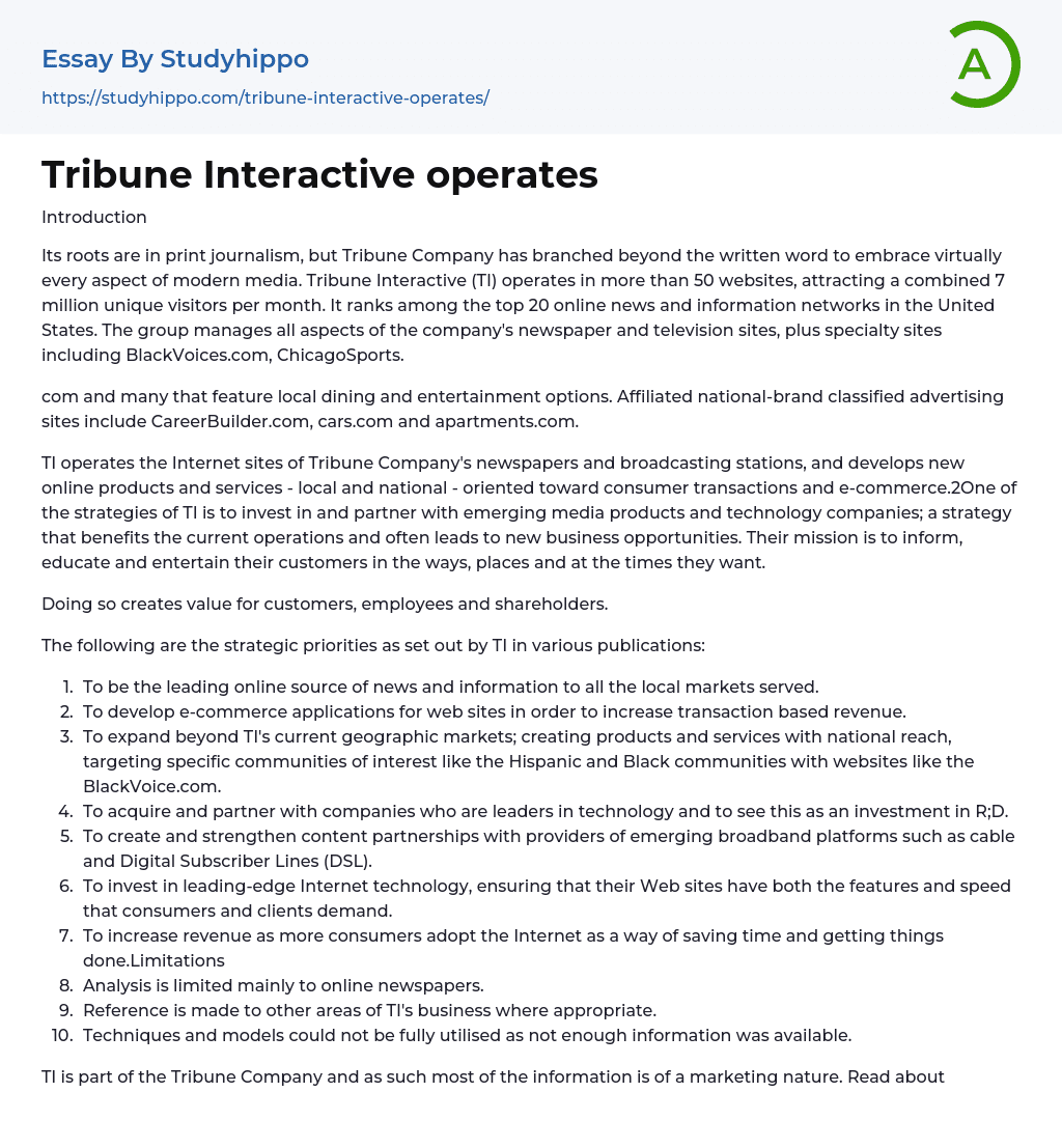 Tribune Interactive operates Essay Example