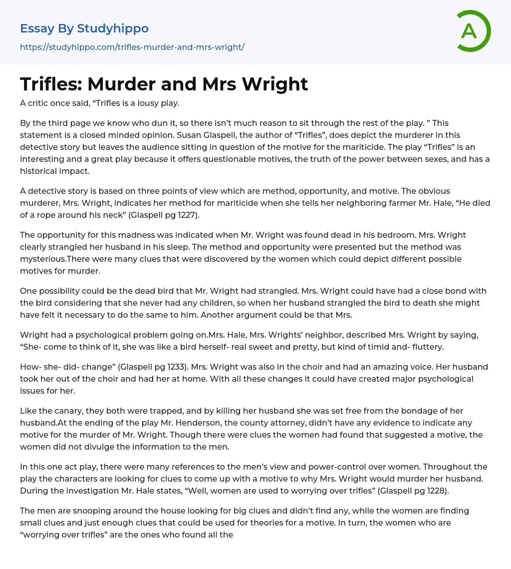 Trifles: Murder and Mrs Wright Essay Example