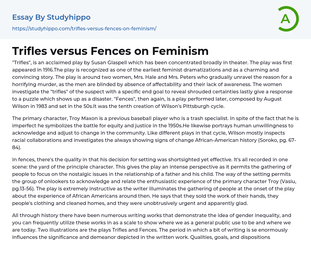 Trifles versus Fences on Feminism Essay Example