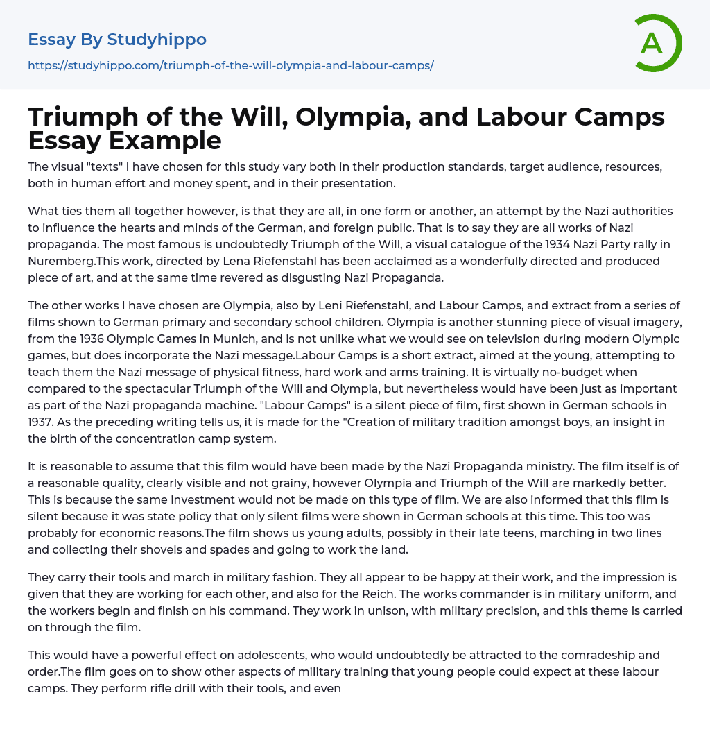 Triumph of the Will, Olympia, and Labour Camps Essay Example