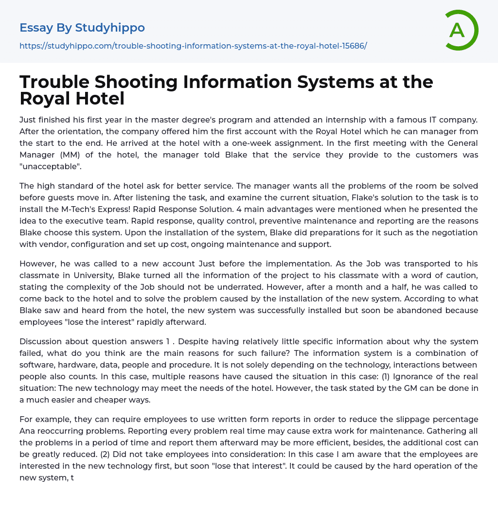 Trouble Shooting Information Systems at the Royal Hotel Essay Example