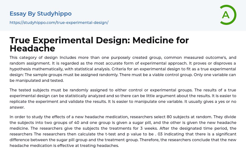 True Experimental Design: Medicine for Headache Essay Example