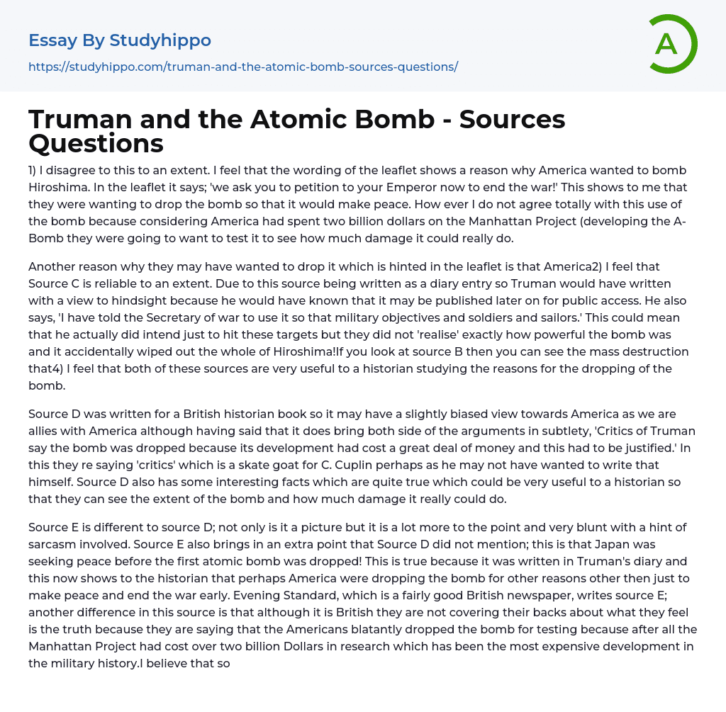 Truman and the Atomic Bomb – Sources Questions Essay Example