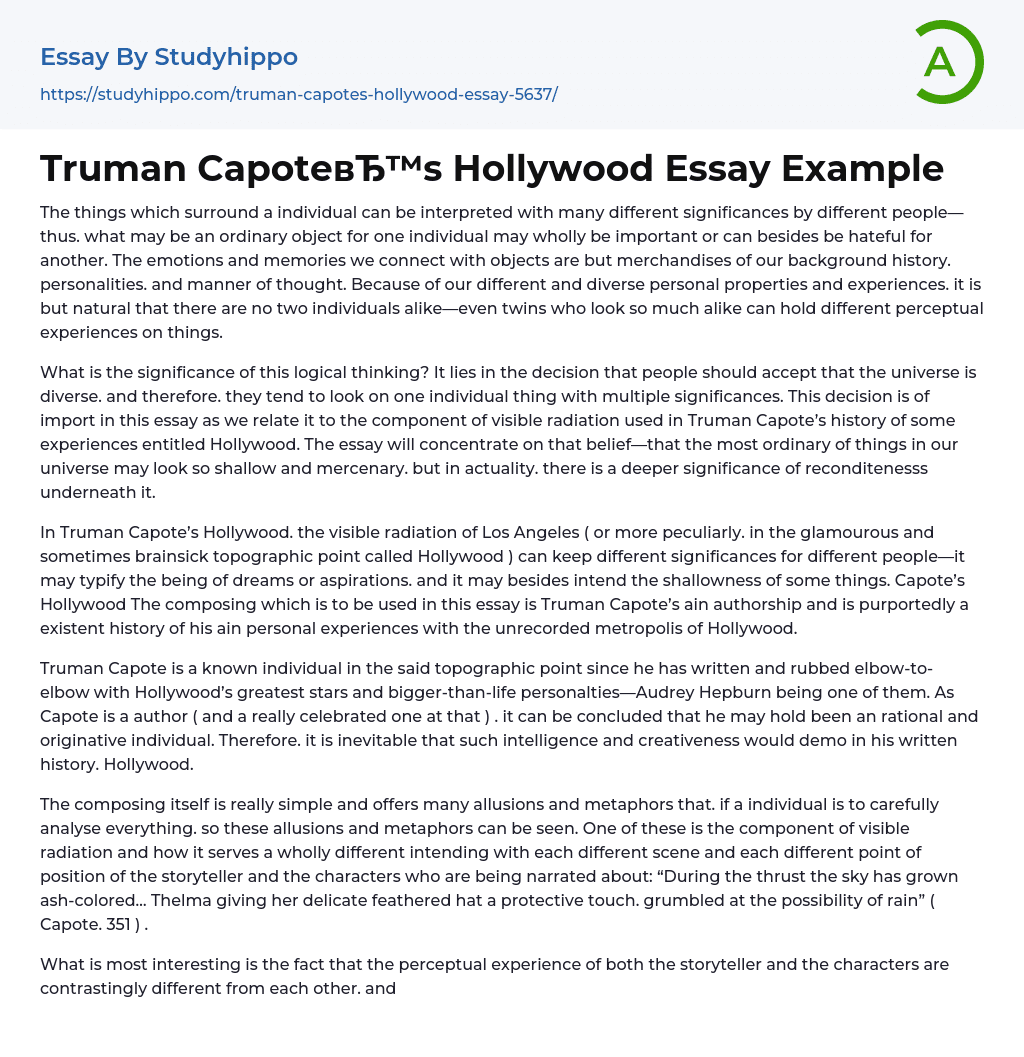 Truman Capote’s Hollywood Essay Example