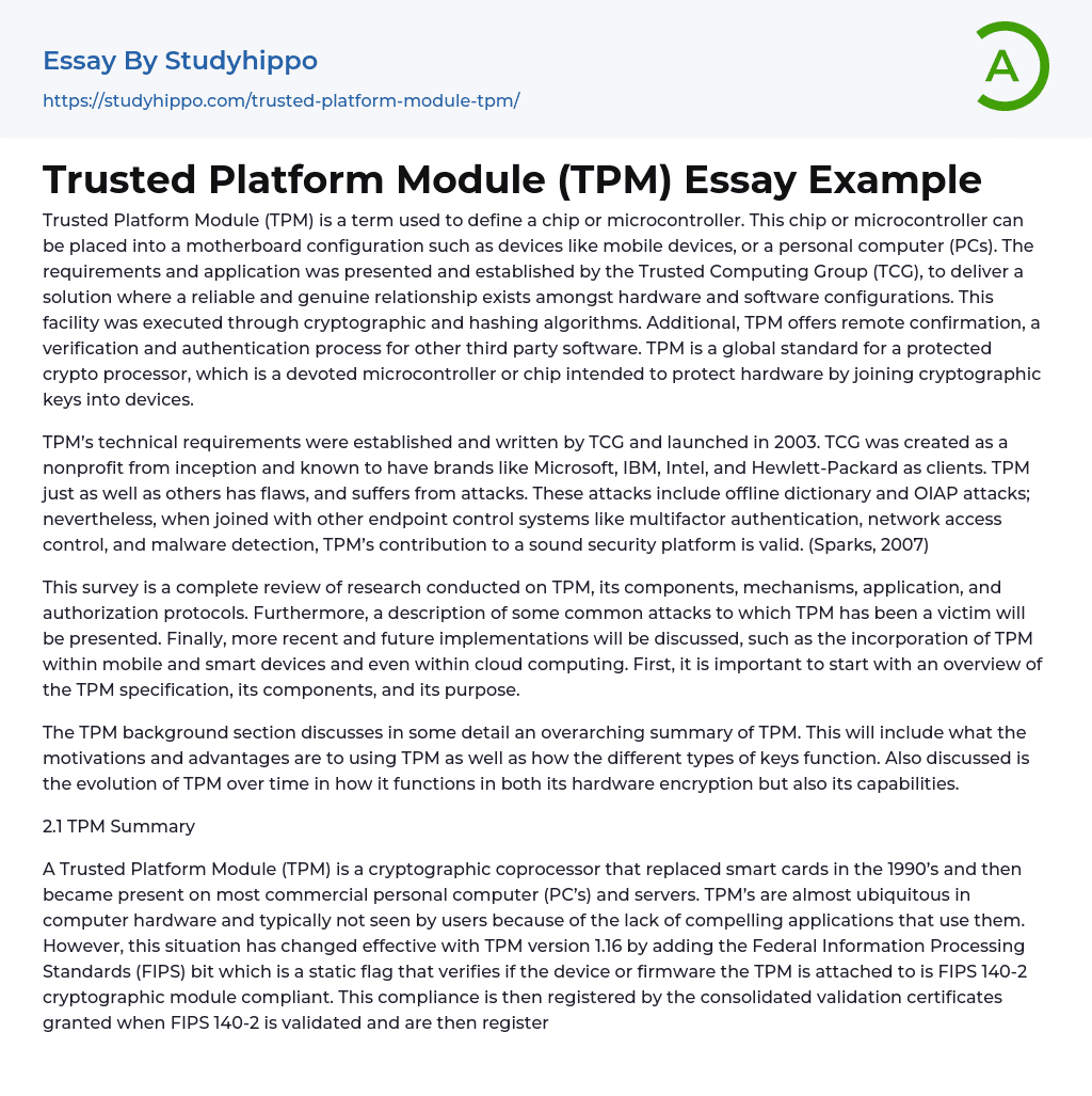 Trusted Platform Module (TPM) Essay Example