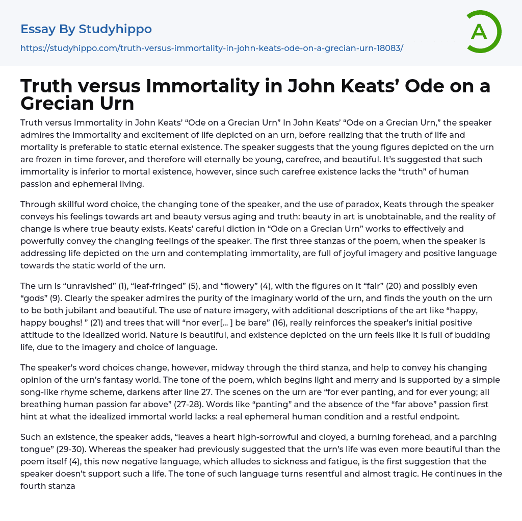 Truth versus Immortality in John Keats’ Ode on a Grecian Urn Essay Example