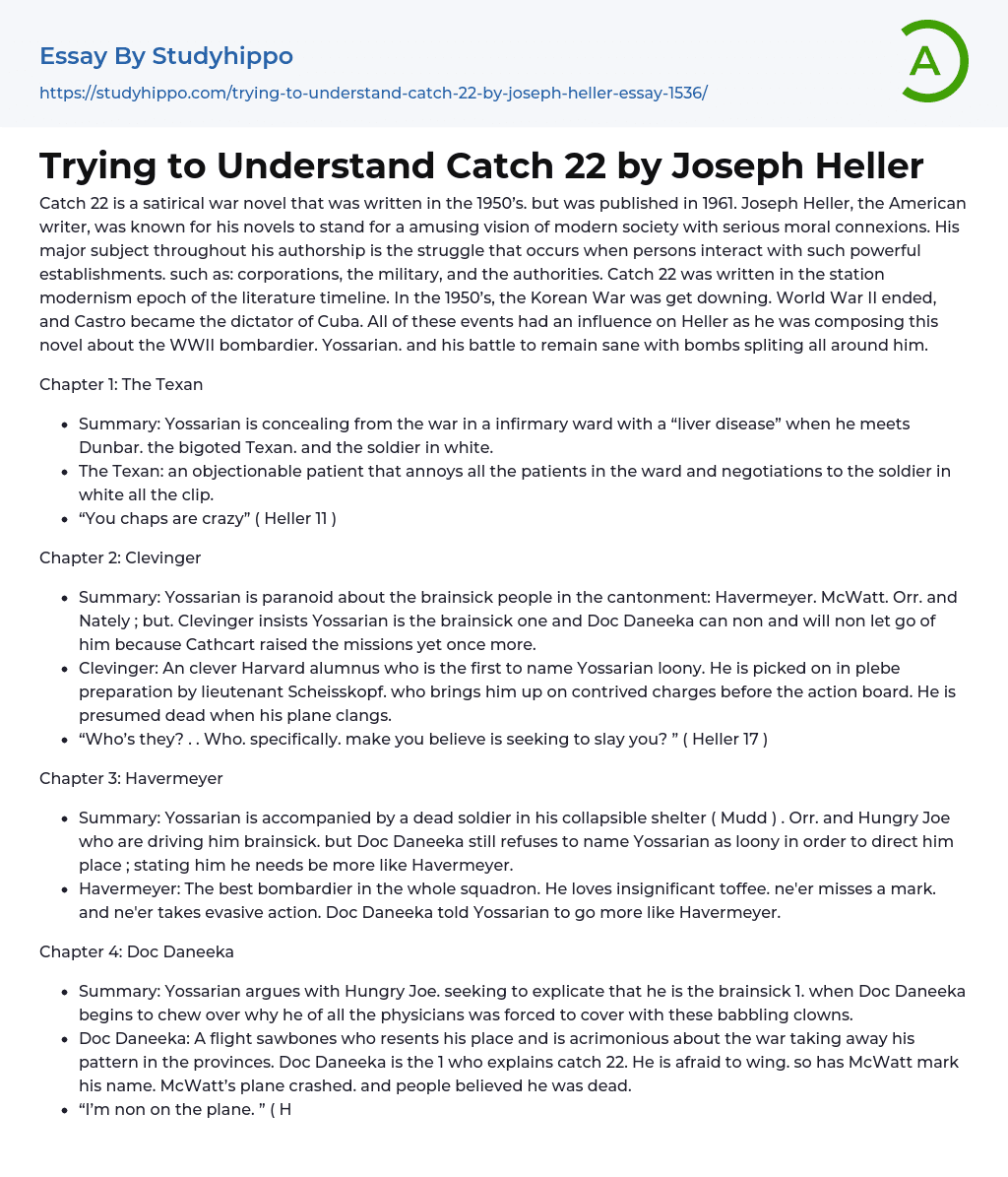Trying to Understand Catch 22 by Joseph Heller Essay Example
