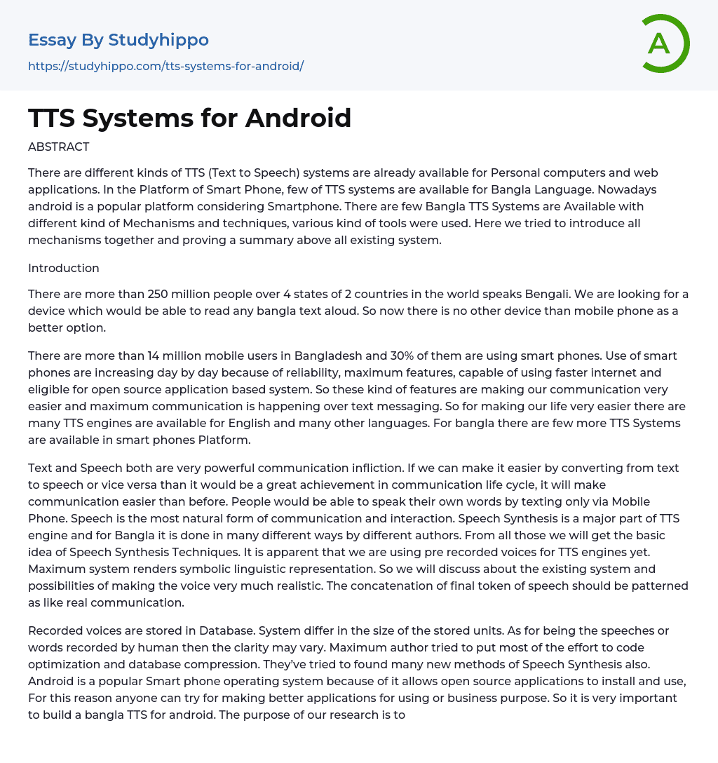 TTS Systems for Android Essay Example