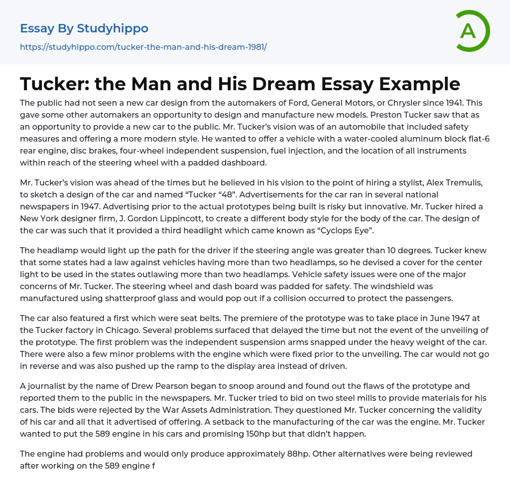 Tucker: the Man and His Dream Essay Example