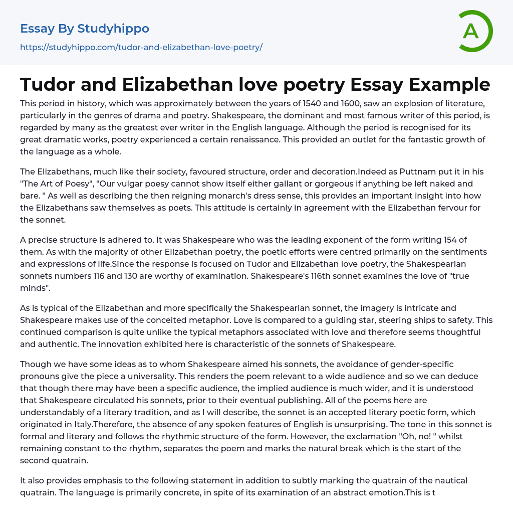 Tudor and Elizabethan love poetry Essay Example