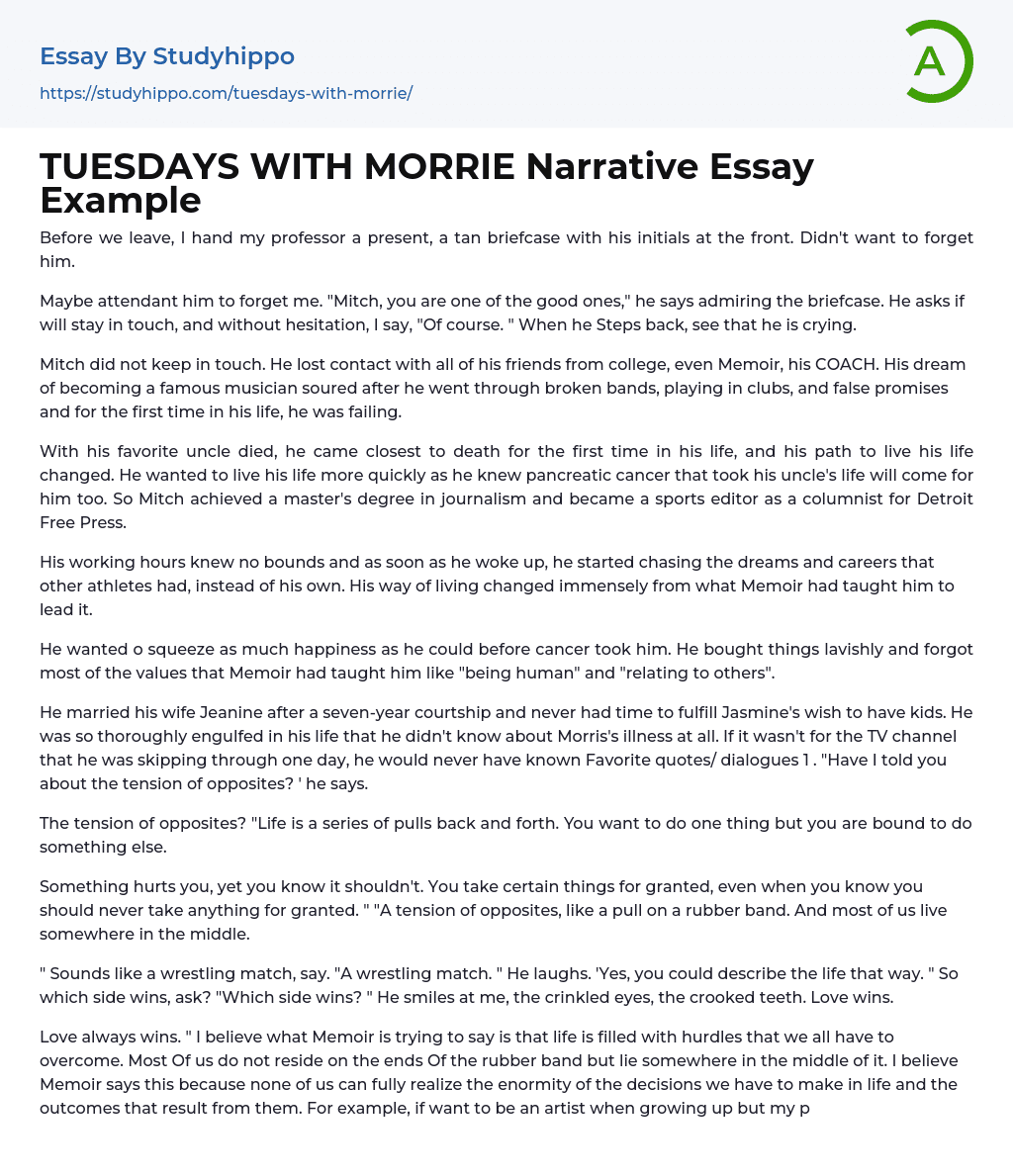 TUESDAYS WITH MORRIE Narrative Essay Example