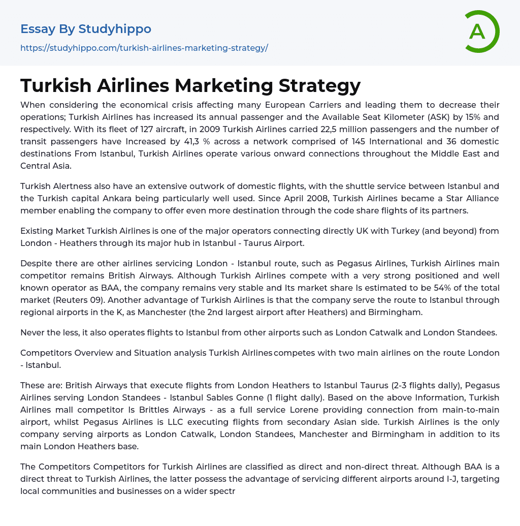 Turkish Airlines Marketing Strategy Essay Example
