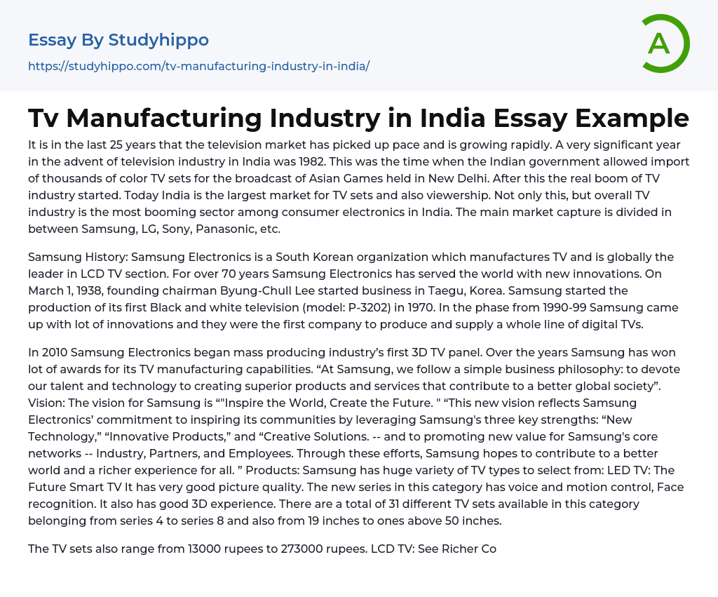 Tv Manufacturing Industry in India Essay Example
