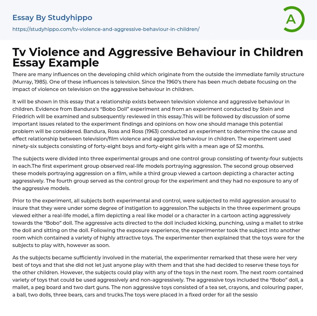 Tv Violence and Aggressive Behaviour in Children Essay Example