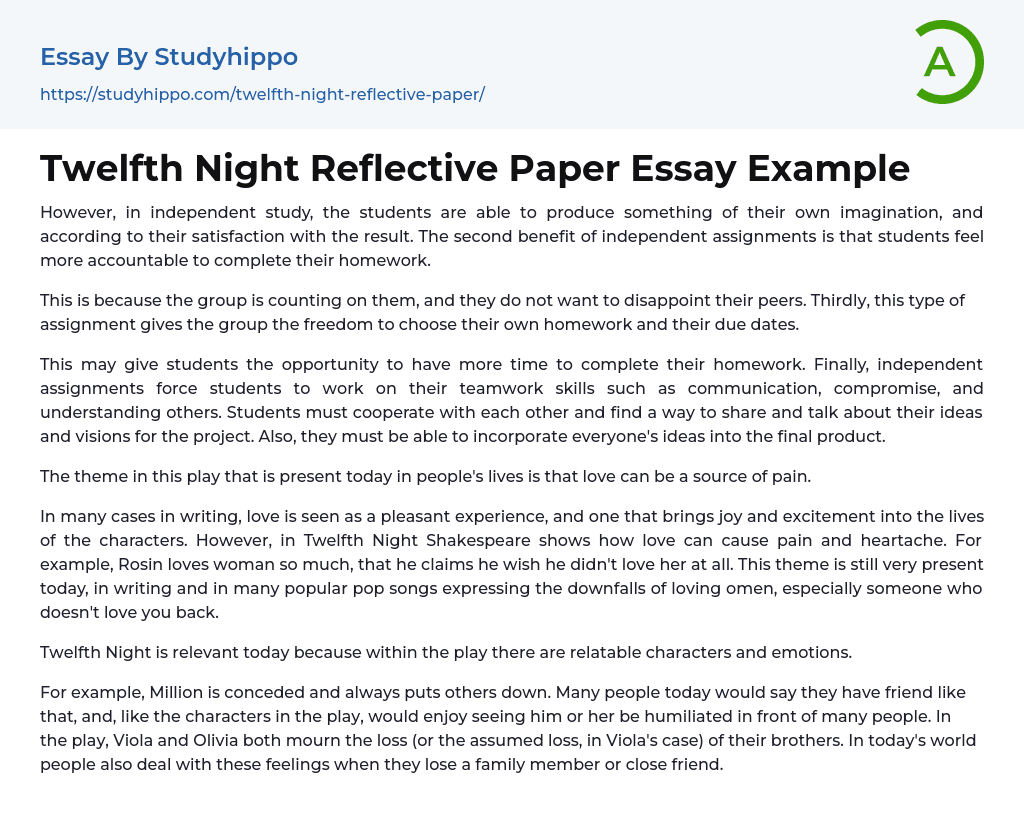 Twelfth Night Reflective Paper Essay Example