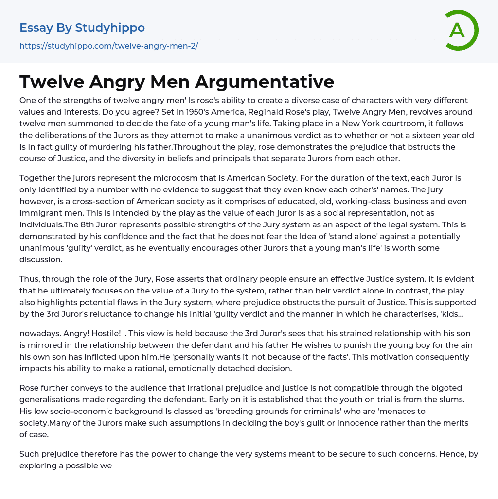 Twelve Angry Men Argumentative Essay Example