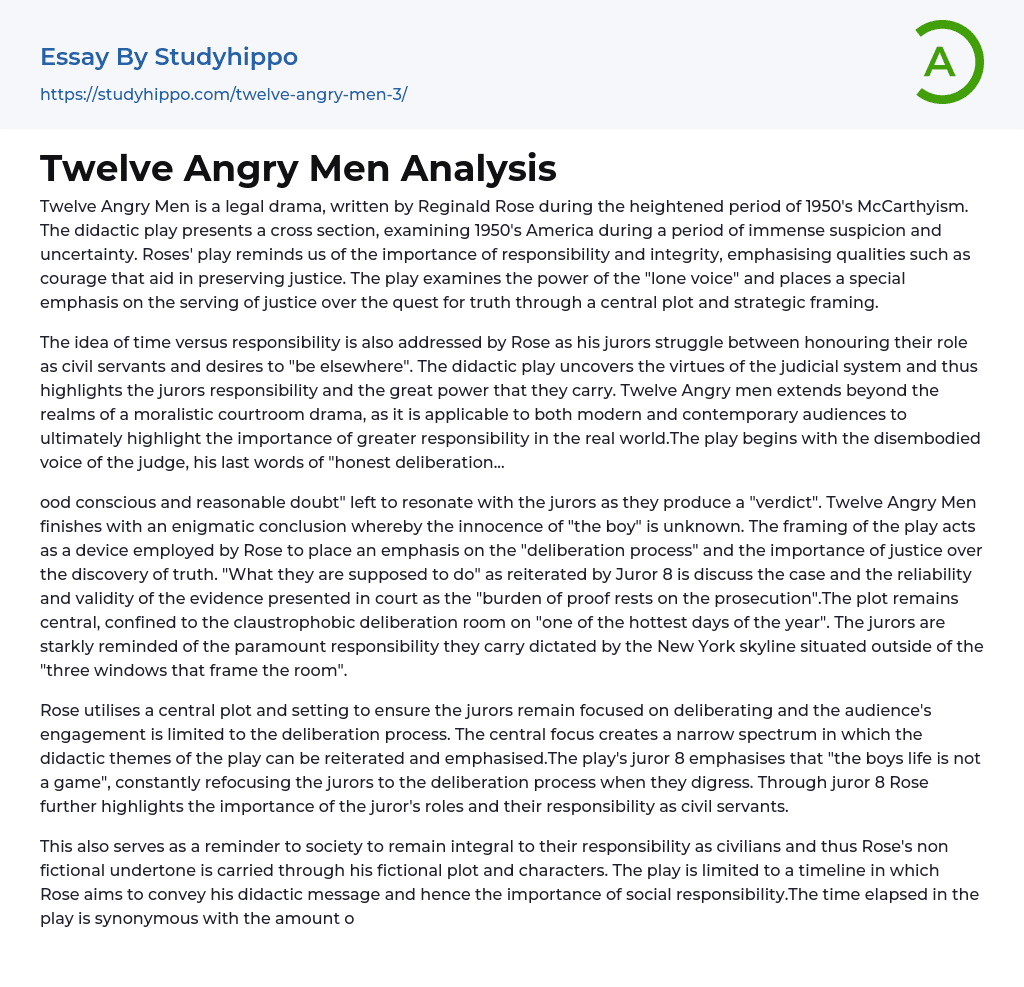 Twelve Angry Men Analysis Essay Example